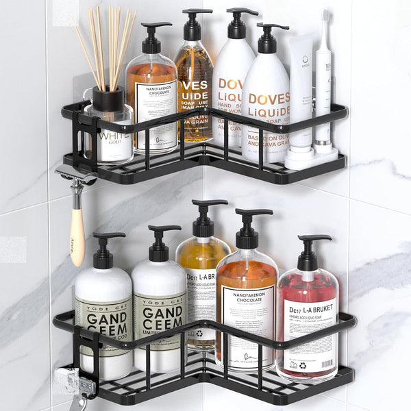 Corner Shower Caddy Adhesive, 100% Rustproof Shower Organizer, No Drill Shower Shelf for inside Shower, Wall-Mounted Shower Storage for Homes (2 Pack, Black)1