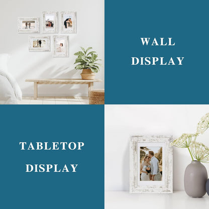 5X7 Picture Frame Set of 4, Made of Real Glass and Distressed White Wooden Frame, 5 by 7 Photo for Wall or Tabletop - Display Picture 4X6 with Mat or 5X7 without Mat4