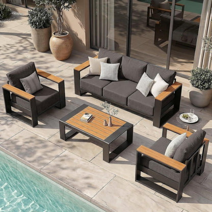 Oversized Aluminum Patio Furniture Set, 4 Pieces Luxury Outdoor Furniture Set with 7.1" Extra Thick Cushion, Modern Outdoor Sectional with Coffee Table for Porch, Garden and Deck, Graphite1
