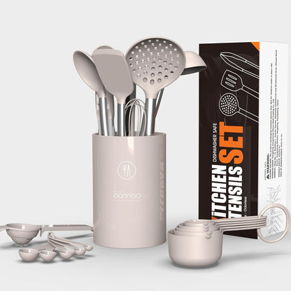 Large Silicone Cooking Utensils Set - Heat Resistant Kitchen Utensils,Turner Tongs,Spatula,Spoon,Brush,Whisk,Stainless Steel Cooking Tool for Nonstick Cookware,Dishwasher Safe (Khaki)4