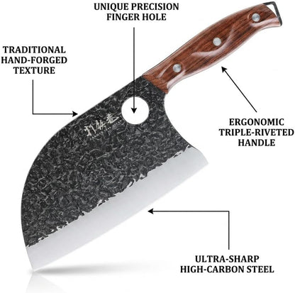 3PCS Butcher Knife Set, 7" Butcher Meat Cleaver, 7" Serbian Chef Knife and 6.5" Viking Knife, Hand Forged Kitchen Knife Set with Plastic Handle, Geat for Home, Camping, BBQ (Unique Finger Hole Design)3