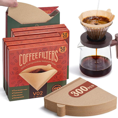 300Pcs Coffee Filters #2, Disposable Unbleached V60 Coffee Filter 2-4 Cup | 6 Individual Value Packs for Easy Storage, Compatible with Pour over Coffee Dripper, Drip Coffee Makers1
