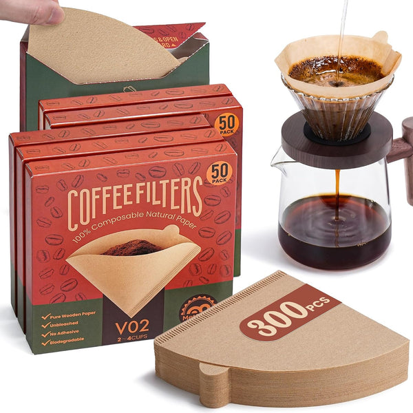 300Pcs Coffee Filters #2, Disposable Unbleached V60 Coffee Filter 2-4 Cup | 6 Individual Value Packs for Easy Storage, Compatible with Pour over Coffee Dripper, Drip Coffee Makers1