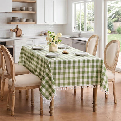 Checkered Tablecloth Rectangle, Linen Cotton Gingham Table Cloth with Tassel, Washable Buffalo Plaid Table Cover Wrinkle Free for Kitchen, Dining and Picnic - 55 X 84 Inch, Sage Green2