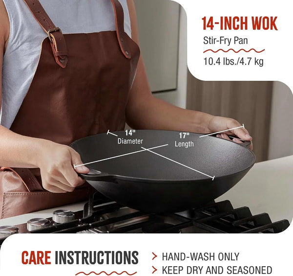 14-Inch Cast Iron Wok and Scraper Set, Seasoned Flat-Bottom Wok with Loop Handles and Grooved Scraper, Made in Colombia7