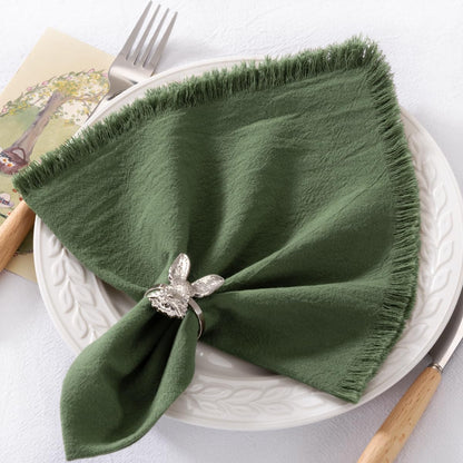6 Pack Olive Green Cotton Linen Napkins with Fringe Green Cloth Napkins Set of 6 Boho Handmade Dinner Table Napkins for Wedding Bridal Baby Shower Tea Party, 17 X 17 Inches2