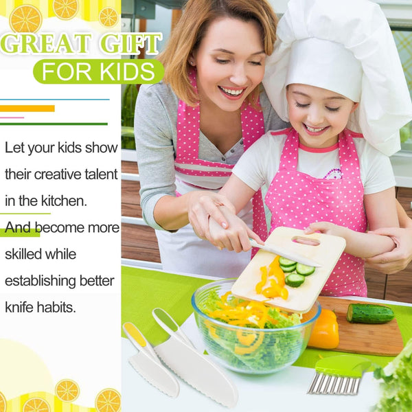 4 Pcs Kids Knife Set, Kids Kitchen Knife with Crinkle Cutter, Serrated Edges Plastic Toddler Chef Knife for Real Cooking & Cutting Fruit Bread7