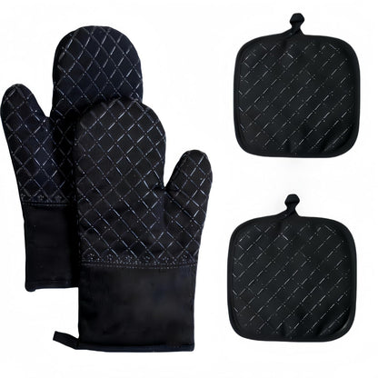 Oven Mitts and Pan Racks 4-Piece Set, Extended Kitchen Oven Mitts and Pan Racks, Heat Resistant 500 °F, Silicone Non-Slip Surface for Baking and Cooking (Black)1