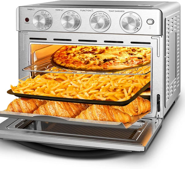 Air Fryer Toaster Oven 26 QT, Large Airfryer Convection Countertop Oven Combo with Easy Bake, Roast, Broil, Warm, 6 Slice Toast 7-In-1 Functions, 3 Layers with 4 Accessories,Stainless Steel1