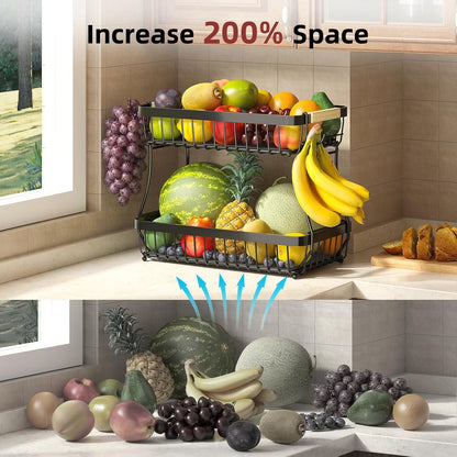 2-Tier Fruit Basket with Banana Hangers, Detachable Metal Bowl | Wooden Handle, Protective Mats Included. Versatile Holder for Bread, Snacks, and Veggies. Large 2 Tier Metal Design.9