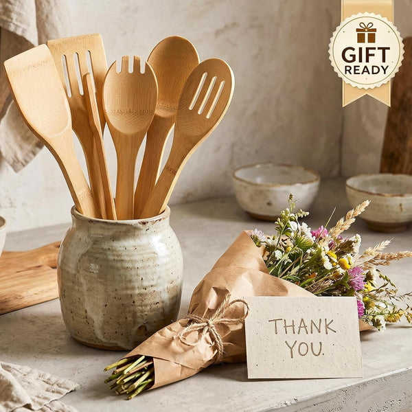 7-Piece Bamboo Kitchen Utensils Set, Wooden Spoons & Spatulas for Nonstick Cookware, Lightweight Heat-Resistant Cooking Tools with Comfortable Grip, Kitchen Gift Set7