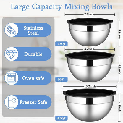 Mixing Bowls with Lids Set of 3, Stainless Steel Nesting Metal Bowls2