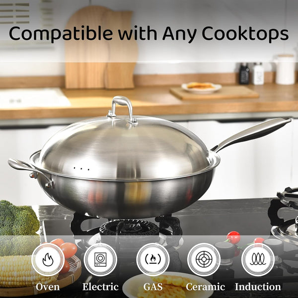 14.5 Inch Stir-Frying Wok Pan with Steel Lid | Tri-Ply Stainless Steel | Induction Cooking Wok Pan | Dishwasher and Oven Safe | Heavy Duty | Detachable Handle3