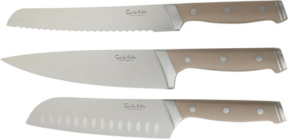 Sur La Table Kitchen Essentials Knife Set with Block, 14-Piece Forged German Steel Kitchen Knives, Beech Wood Block, Chef, Santoku, Bread & Steak Knives, Shears & Sharpener - Taupe4