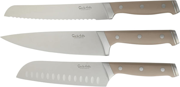 Sur La Table Kitchen Essentials Knife Set with Block, 14-Piece Forged German Steel Kitchen Knives, Beech Wood Block, Chef, Santoku, Bread & Steak Knives, Shears & Sharpener - Taupe4