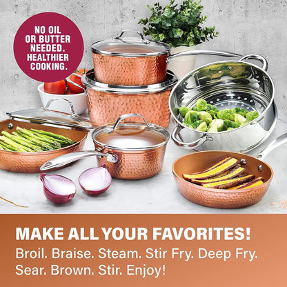 Hammered 15Pc Pots and Pans Set Non Stick Ceramic Cookware Set | Full Bakeware Set and Steamer Included, Induction Compatible, Non Toxic PFOA/PFOS/PTFE Free, Oven and Dishwasher Safe, Copper7