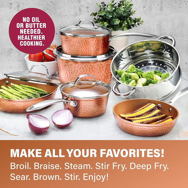 Hammered 15Pc Pots and Pans Set Non Stick Ceramic Cookware Set | Full Bakeware Set and Steamer Included, Induction Compatible, Non Toxic PFOA/PFOS/PTFE Free, Oven and Dishwasher Safe, Copper7