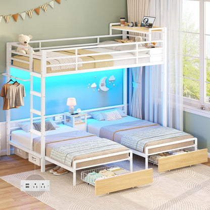 Triple Bunk Bed with Storage Drawers and Bedside Shelf, Twin over Twin Bunk Bed for Kids/Teens with LED Lights and Charging Station, Heavy Duty Metal Bunk Beds with Safety Guardrail and Ladder, White1