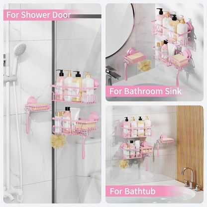 Suction Cup Shower Caddy 3 Pack, Bathroom Storage Shelf, Pink7