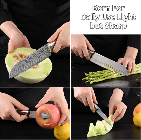 Santoku Knife and Fruit Knife Damascus Pattern Kitchen Knives Set Stainless Steel Japanese Chef Knife Paring Knives with Hollow Handle6