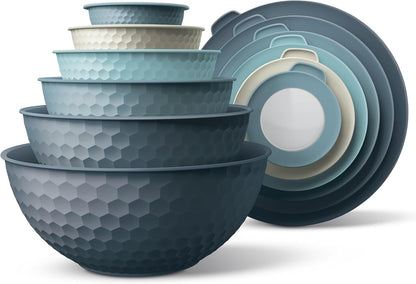 Mixing Bowls with Lids - 12 Piece Plastic Nesting Bowls Set Includes 6 Prep Bowls and 6 Lids, Microwave Safe Mixing Bowl Set, Blue Embossed1