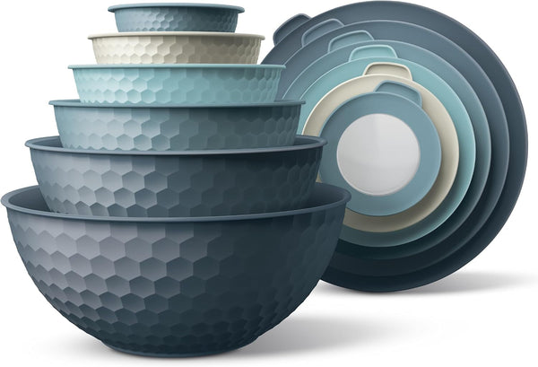 Mixing Bowls with Lids - 12 Piece Plastic Nesting Bowls Set Includes 6 Prep Bowls and 6 Lids, Microwave Safe Mixing Bowl Set, Blue Embossed1