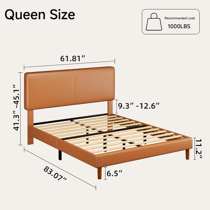 Queen Upholstered Platform Bed Frame with Headboard, Faux Leather Modern Bed Frame with Wood Slat Support, No Box Spring Needed, Easy Assembly, Orange-Brown2
