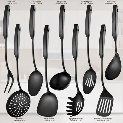 Kitchen Utensil Set, 9-Piece Cooking Utensil Set,Include 304 Stainless Steel Spatula Skimmer, Soup Ladle, Spaghetti Server,Slotted & Solid Spoon, Slotted Spatula Turner, Meat Fork(Black）2