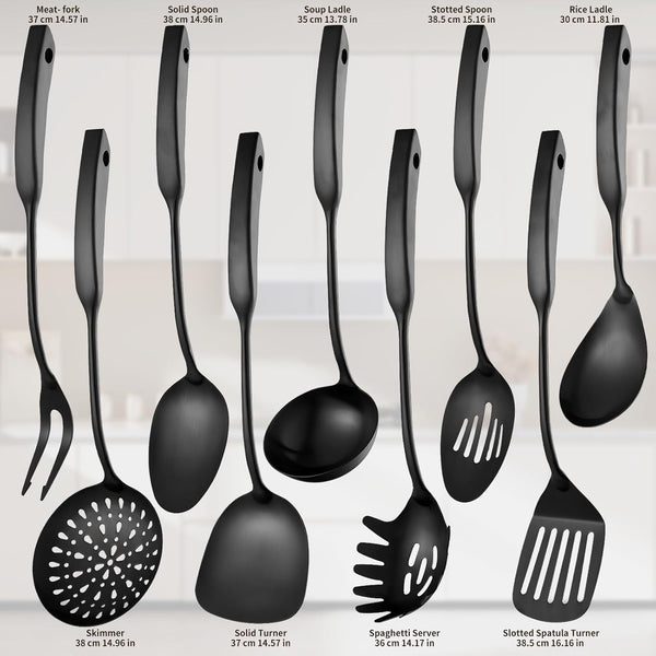 Kitchen Utensil Set, 9-Piece Cooking Utensil Set,Include 304 Stainless Steel Spatula Skimmer, Soup Ladle, Spaghetti Server,Slotted & Solid Spoon, Slotted Spatula Turner, Meat Fork(Black）2