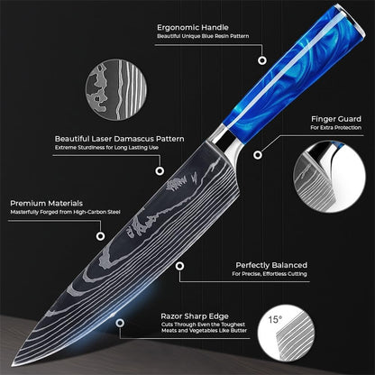 SENKEN 8-Piece Japanese Knife Set - Blue Resin Handle, Laser Damascus Blades - Chef'S, Santoku, Bread & Paring Knives4
