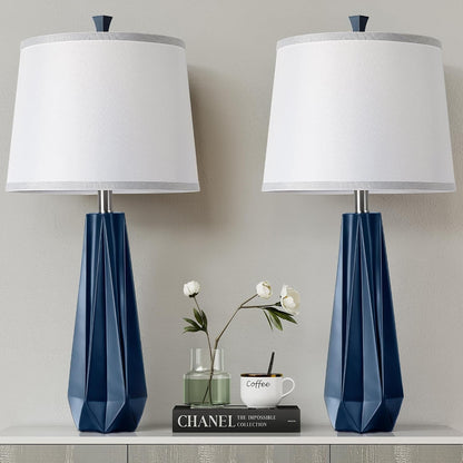 27'' Navy Blue Resin Table Lamps, Desk Lamps with 3 Color Temperature | Prism-Shaped Lamp Body, Rotary Switch, E26 Base, with Linen Shade, Desk Lamps for Living Room, Bedroom, 2 Bulbs Included7