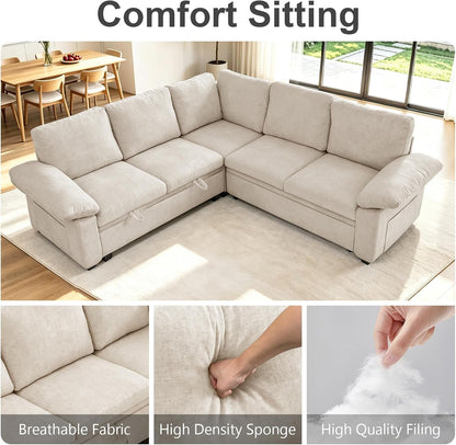85 Inch Modular Sectional Sleeper Sofa with Pull Out Bed,L Shaped 5 Seat Sectional Couch with Storage, Modern Chenille Cloud Couch, Convertible Sectional Couches for Living Room, Apartment, Beige6