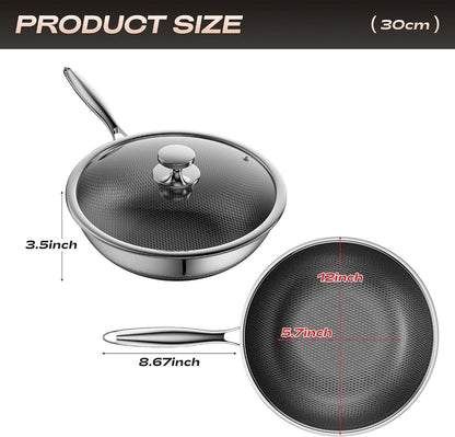 Wok,Hybrid 12-Inch Wok with Lid,Nonstick Stainless Steel Woks & Stir-Fry Pans,Dishwasher-Friendly,Pfas PFOA PTFE Free, Oven-Safe up to 600°F,Compatible with All Cooktops6