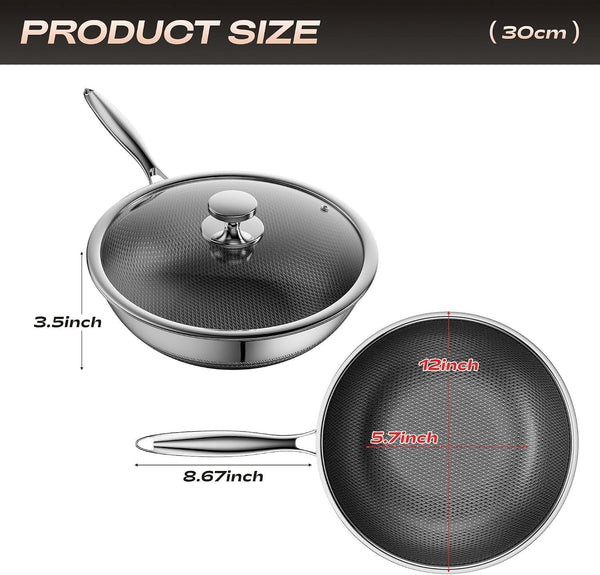 Wok,Hybrid 12-Inch Wok with Lid,Nonstick Stainless Steel Woks & Stir-Fry Pans,Dishwasher-Friendly,Pfas PFOA PTFE Free, Oven-Safe up to 600°F,Compatible with All Cooktops6