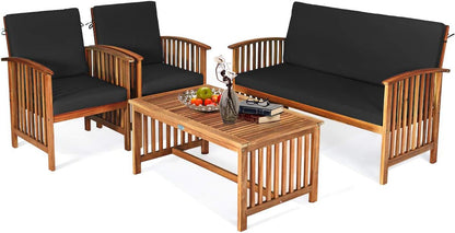 Outdoor 4 PCS Acacia Wood Sofa Set W/Water Resistant Cushions, Padded Patio Seating Chat Set W/Coffee Table for Garden, Backyard, Poolside (1, Black)1