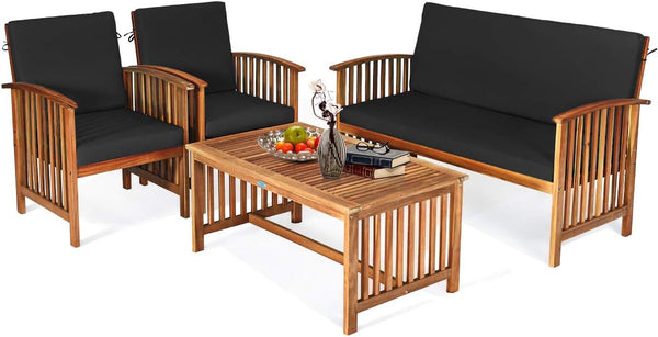 Outdoor 4 PCS Acacia Wood Sofa Set W/Water Resistant Cushions, Padded Patio Seating Chat Set W/Coffee Table for Garden, Backyard, Poolside (1, Black)1