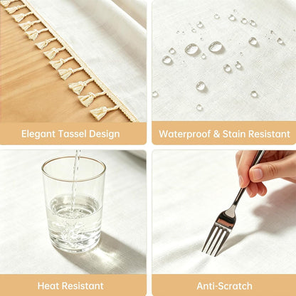Table Cloth Rectangle Table 55" X 90" Linen Look Texture Cotton Tablecloth Waterproof Wrinkle Free Heavy Duty Tables Cover with Tassel for Kitchen Dining Holiday Party, Ivory4