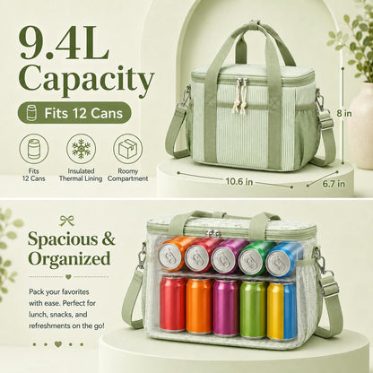 Insulated Lunch Box for Women, Cute Corduroy Lunch Bag with Shoulder Strap, Leakproof Wide-Open Lunch Tote for Work, Office, School, Picnic, Green White Stripes4
