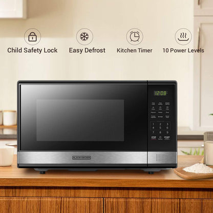 BLACK+DECKER Microwave Oven Countertop, 1.1 Cu.Ft, 1000W, Stainless Steel | Push-Button Door, Child Safety Lock, 6 Auto Cook Presets, 10 Power Levels3
