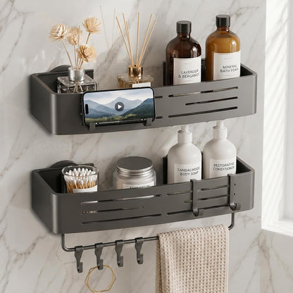 2 PCS Shower Caddy Suction Cup with Towel Bar & Hooks, No-Drilling (Gray)1