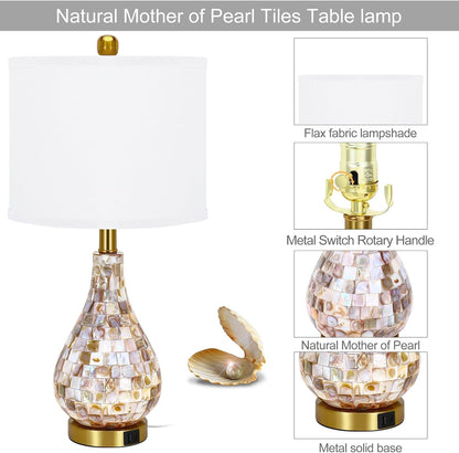 Modern Coastal Table Lamps Set of 2, Natural Mother of Pearl Tiles 23.5" Bedside Lamp, for Bedroom Living Room Home Nightstand Table Lamp(With USB C+A 5V 2.1A Charging Ports)4
