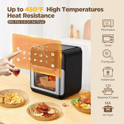 Air Fryer Liners Disposable, 8 Inch round Paper for 5-8 QT Air Fryers | 100 Pcs Unbleached Parchment Paper, Non-Stick, Greaseproof for Baking, Roasting, Microwave, Oven, Airfryer Basket Accessories6