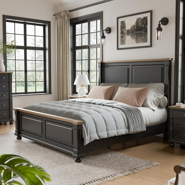 Narella Modern Farmhouse Solid Wood Bed Frame with Panel Headboard, Wooden Bedframe for Bedroom, Guest Room, Box Spring Required, Black/Rustic Oak, Queen1