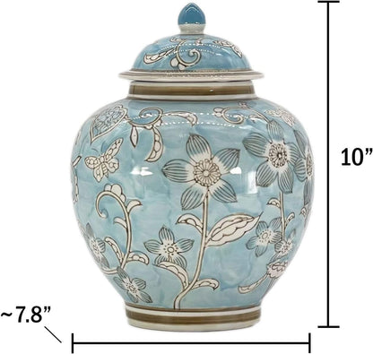 Light Blue and White Floral Chinoiserie Ginger Jar 10" with Lid - Ginger Jar, Tea Storage, Decorative, Home Decor Jar5