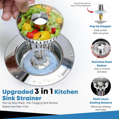 Upgraded 3 in 1 Kitchen Sink Drain Strainer | Stainless Steel Sink Stopper, Anti-Clogging Food Catcher Basket, Bounce Core Drain Strainer Plug for 3 1/2 Inch Drain2