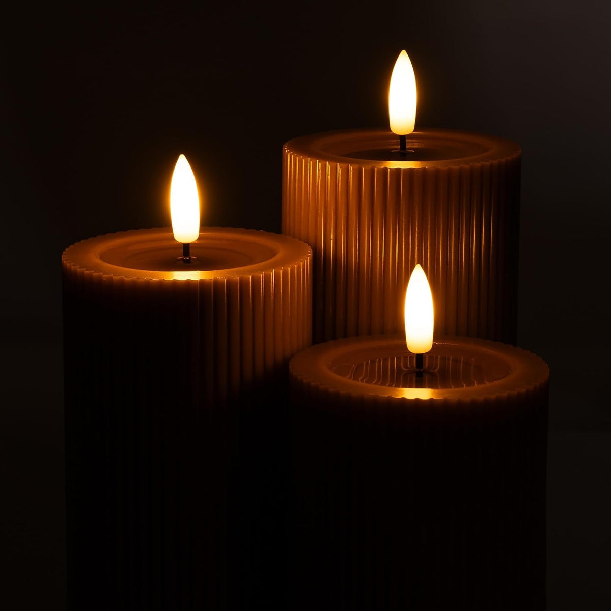 fluted-ribbed-led-pillar-candles-brown-with-reflective-melted-wax-effect-flickering-flame-remote-dimmable-flameless-battery-operated-home-wedding-decor-set-of-3