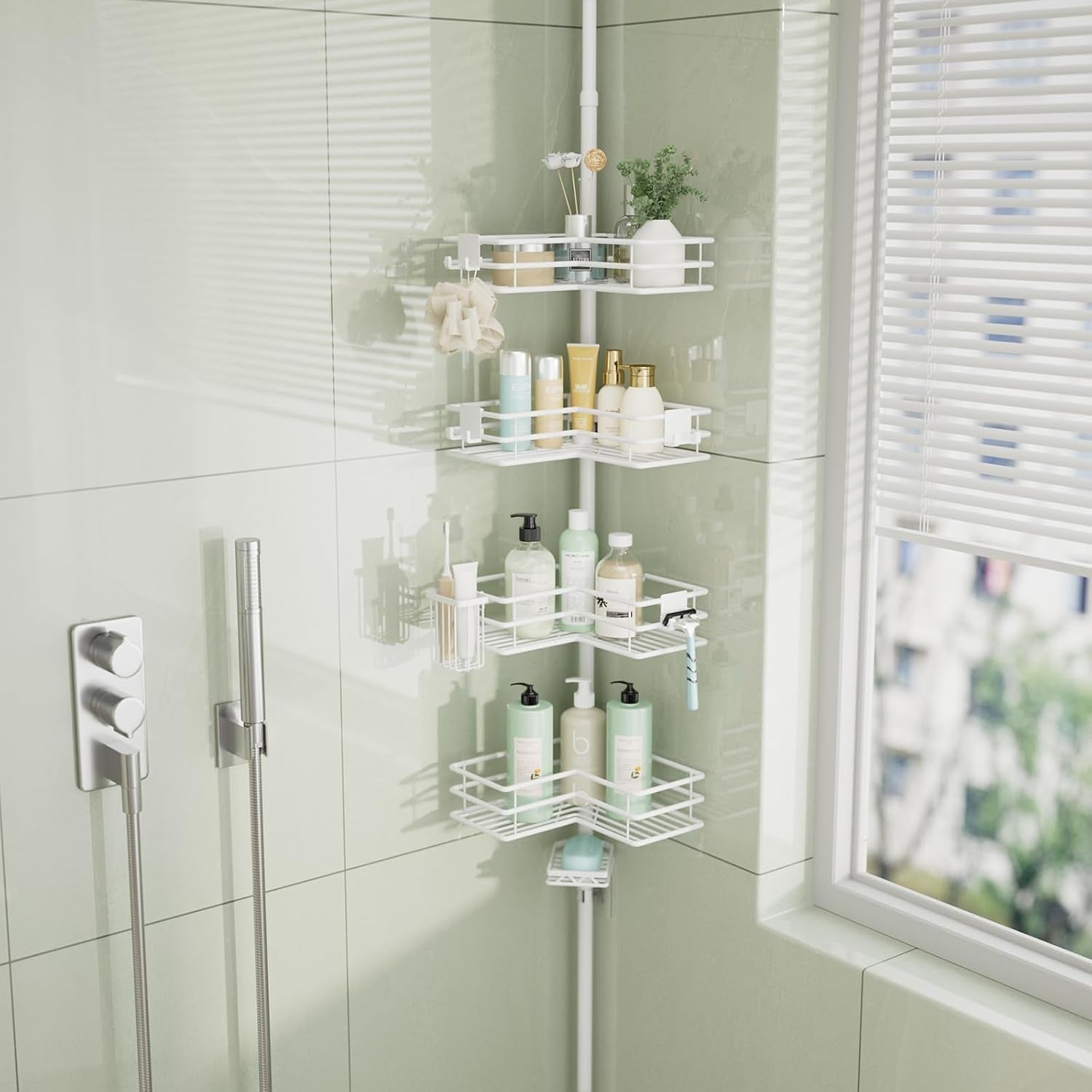 corner-shower-caddy-organizer-shower-organizer-corner-with-soap-holder-toothbrush-holder-and-4-hooks-rustproof-bathroom-shelf-tension-pole-available-for-27-6-to-108-3-inch-white