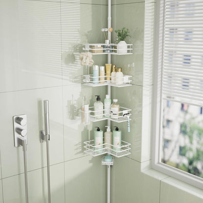 Corner Shower Caddy Organizer - Shower Organizer Corner with Soap Holder, Toothbrush Holder and 4 Hooks, Rustproof Bathroom Shelf Tension Pole Available for 27.6 to 108.3 Inch - White1