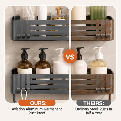 Suction Cup Shower Caddy, No Drill Shower Shelf, Aluminum Rust Proof Bathroom Shower Organizer with 12 Hooks (2-Pack, Gunmetal Gray)4