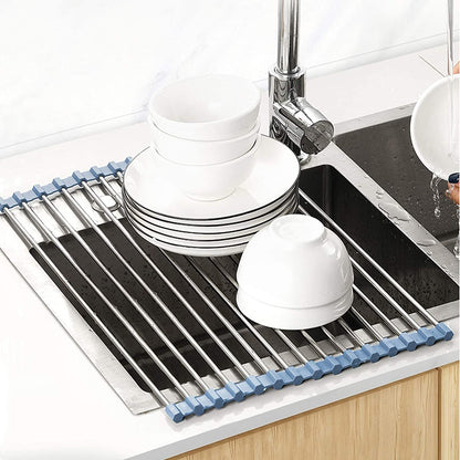 over the Sink Dish Drying Rack, Roll up Dish Drying Rack Kitchen Dish Rack Stainless Steel Sink Drying Rack, Foldable Dish Drainer, 17.5''X11.8''2